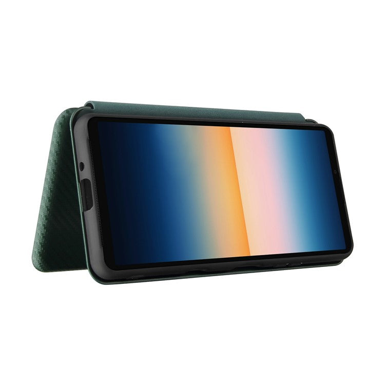 Auto-absorbed Anti-scratch Carbon Fiber Texture Cell Phone Stand Cover for Sony Xperia 10 III 5G Leather Case - Green