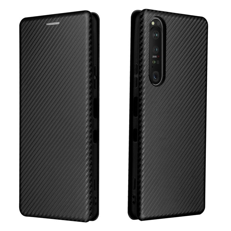 Carbon Fiber Texture Auto-absorbed Cell Phone Stand Cover for Sony Xperia 1 III 5G Leather Case - Black