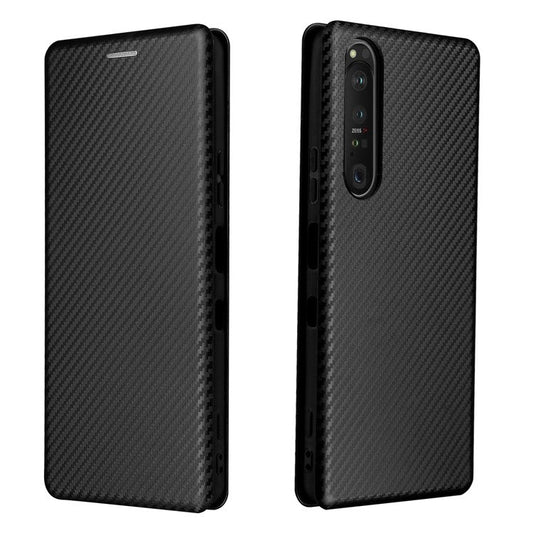 Carbon Fiber Texture Auto-absorbed Cell Phone Stand Cover for Sony Xperia 1 III 5G Leather Case - Black