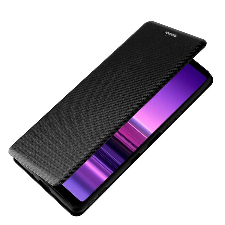 Carbon Fiber Texture Auto-absorbed Cell Phone Stand Cover for Sony Xperia 1 III 5G Leather Case - Black