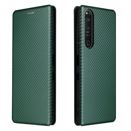 Carbon Fiber Texture Auto-absorbed Cell Phone Stand Cover for Sony Xperia 1 III 5G Leather Case - Green
