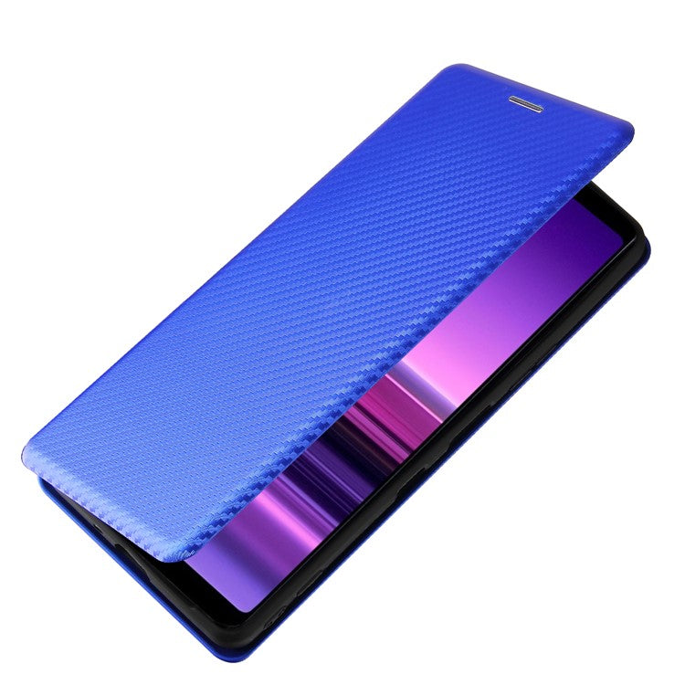 Carbon Fiber Texture Auto-absorbed Cell Phone Stand Cover for Sony Xperia 1 III 5G Leather Case - Blue