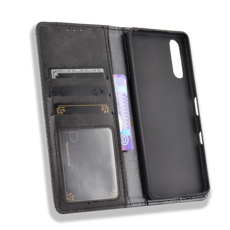 Magnetic Closure Vintage Style Phone Case Wallet Stand Leather Cover for Sony Xperia 10 III 5G - Black