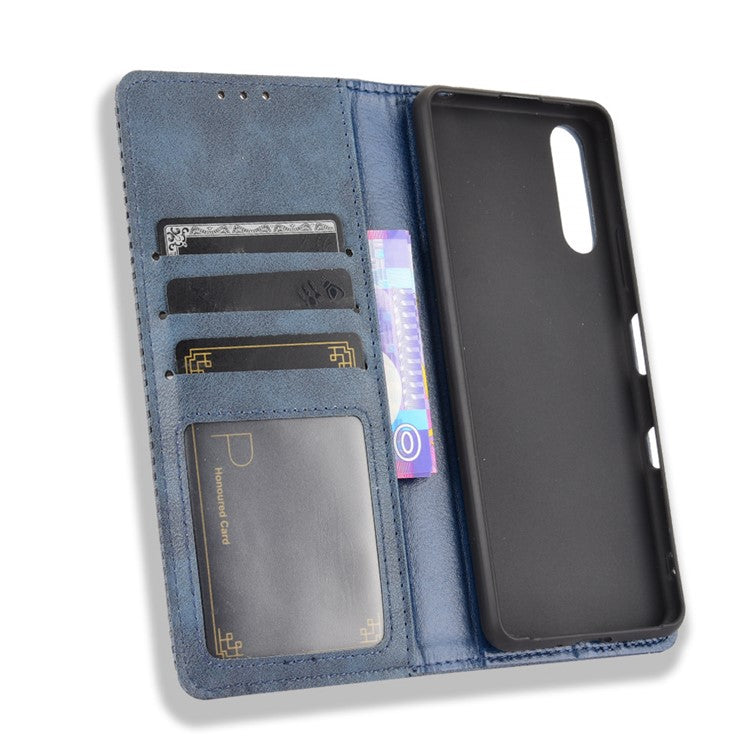 Magnetic Closure Vintage Style Phone Case Wallet Stand Leather Cover for Sony Xperia 10 III 5G - Blue