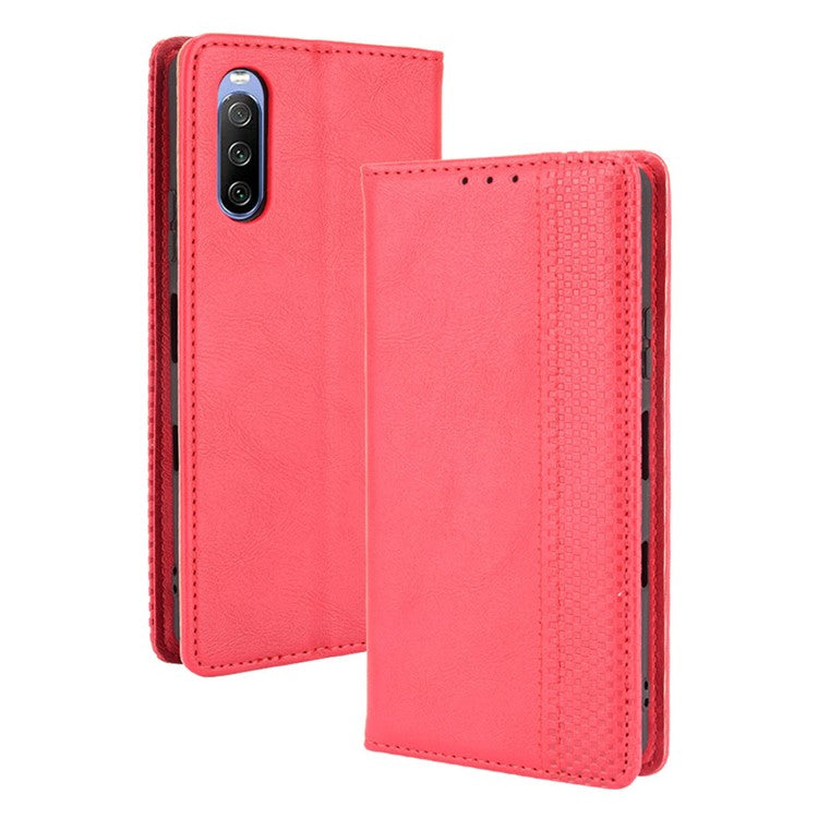 Magnetic Closure Vintage Style Phone Case Wallet Stand Leather Cover for Sony Xperia 10 III 5G - Red