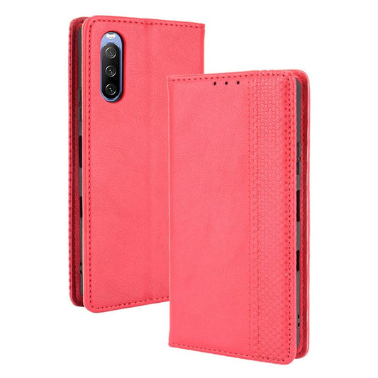 Magnetic Closure Vintage Style Phone Case Wallet Stand Leather Cover for Sony Xperia 10 III 5G - Red