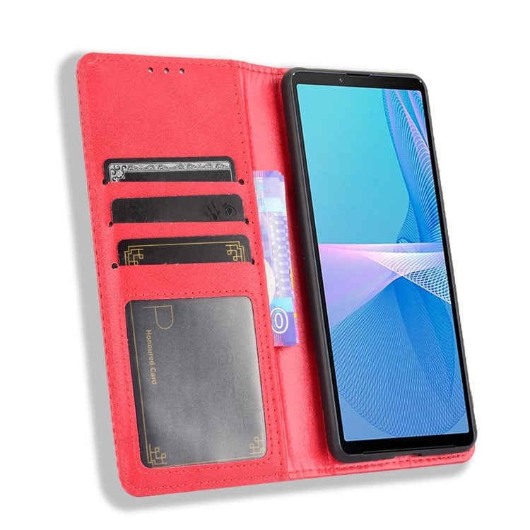 Magnetic Closure Vintage Style Phone Case Wallet Stand Leather Cover for Sony Xperia 10 III 5G - Red