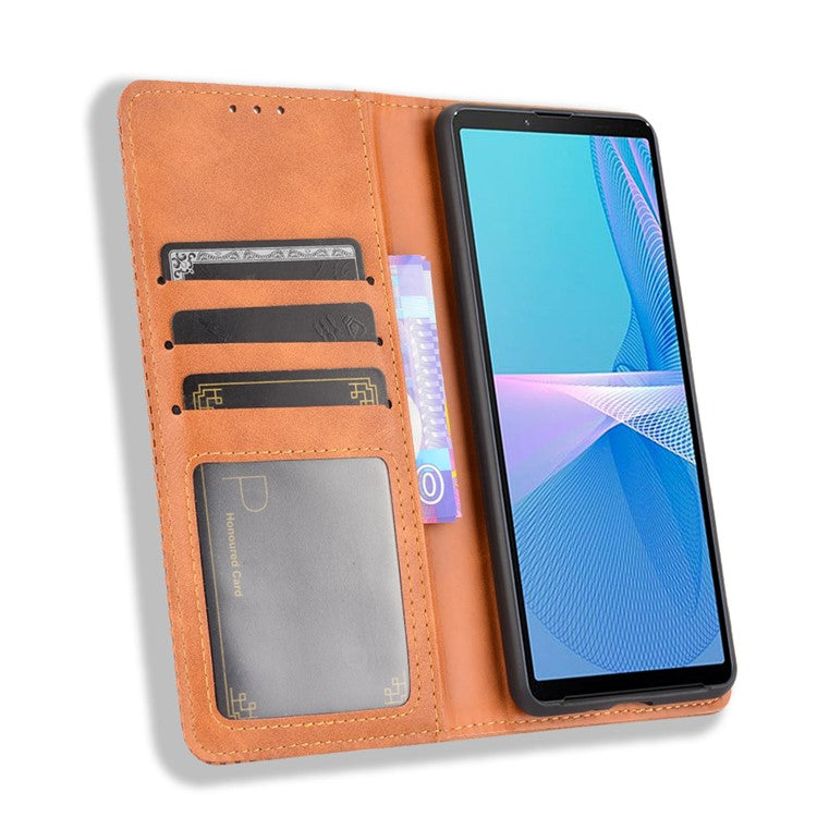 Magnetic Closure Vintage Style Phone Case Wallet Stand Leather Cover for Sony Xperia 10 III 5G - Brown