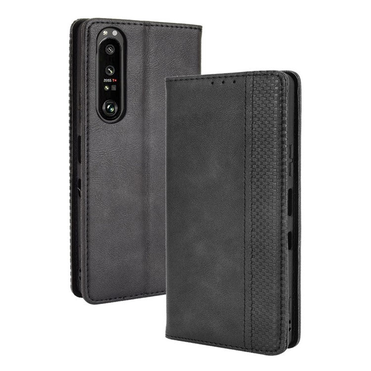 Vintage Style Magnetic Closure Leather Cell Phone Cover with Stand for Sony Xperia 1 III 5G - Black