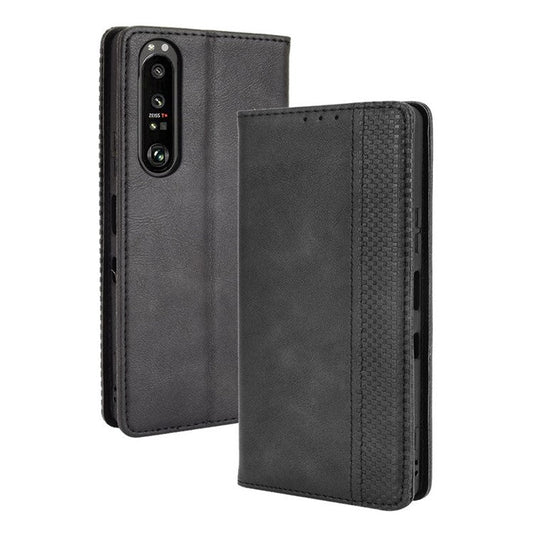 Vintage Style Magnetic Closure Leather Cell Phone Cover with Stand for Sony Xperia 1 III 5G - Black