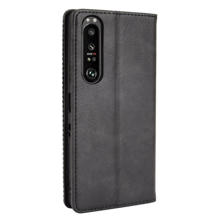 Vintage Style Magnetic Closure Leather Cell Phone Cover with Stand for Sony Xperia 1 III 5G - Black
