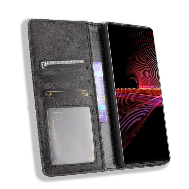 Vintage Style Magnetic Closure Leather Cell Phone Cover with Stand for Sony Xperia 1 III 5G - Black
