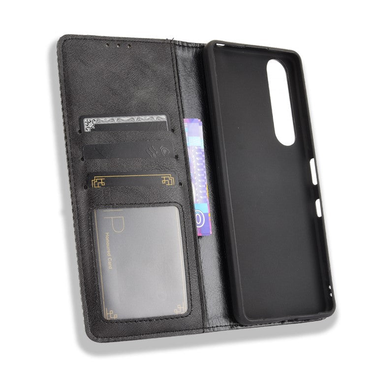 Vintage Style Magnetic Closure Leather Cell Phone Cover with Stand for Sony Xperia 1 III 5G - Black