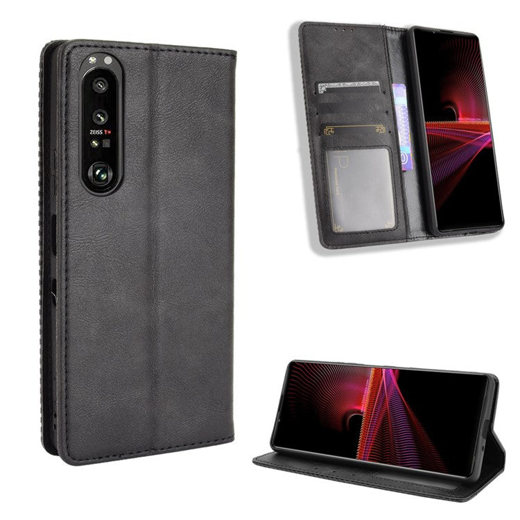 Vintage Style Magnetic Closure Leather Cell Phone Cover with Stand for Sony Xperia 1 III 5G - Black