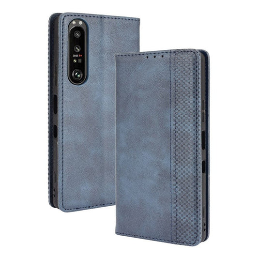 Vintage Style Magnetic Closure Leather Cell Phone Cover with Stand for Sony Xperia 1 III 5G - Blue