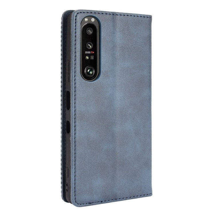 Vintage Style Magnetic Closure Leather Cell Phone Cover with Stand for Sony Xperia 1 III 5G - Blue