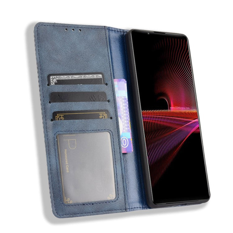 Vintage Style Magnetic Closure Leather Cell Phone Cover with Stand for Sony Xperia 1 III 5G - Blue