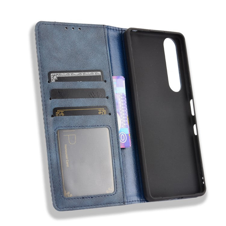 Vintage Style Magnetic Closure Leather Cell Phone Cover with Stand for Sony Xperia 1 III 5G - Blue