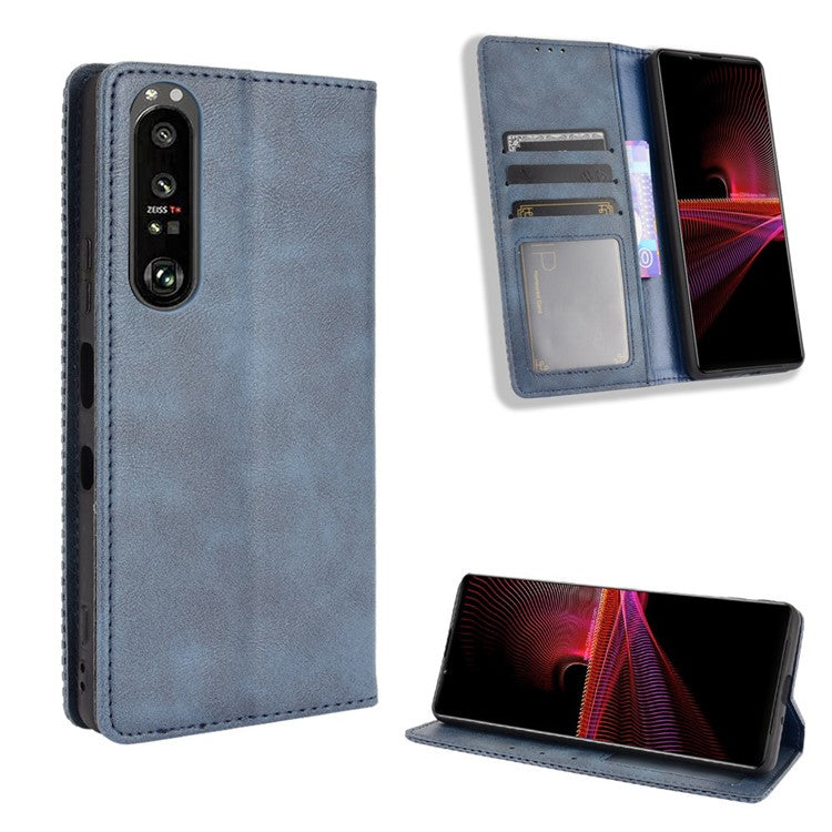 Vintage Style Magnetic Closure Leather Cell Phone Cover with Stand for Sony Xperia 1 III 5G - Blue