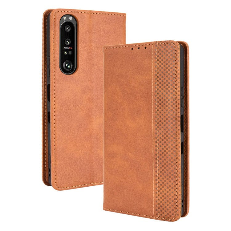 Vintage Style Magnetic Closure Leather Cell Phone Cover with Stand for Sony Xperia 1 III 5G - Brown