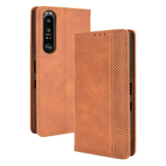 Vintage Style Magnetic Closure Leather Cell Phone Cover with Stand for Sony Xperia 1 III 5G - Brown