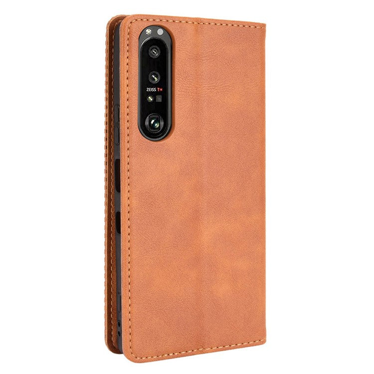 Vintage Style Magnetic Closure Leather Cell Phone Cover with Stand for Sony Xperia 1 III 5G - Brown