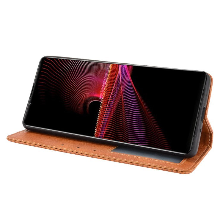 Vintage Style Magnetic Closure Leather Cell Phone Cover with Stand for Sony Xperia 1 III 5G - Brown