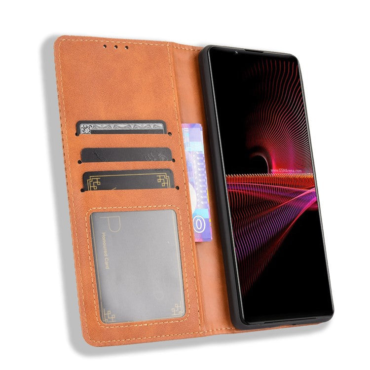 Vintage Style Magnetic Closure Leather Cell Phone Cover with Stand for Sony Xperia 1 III 5G - Brown