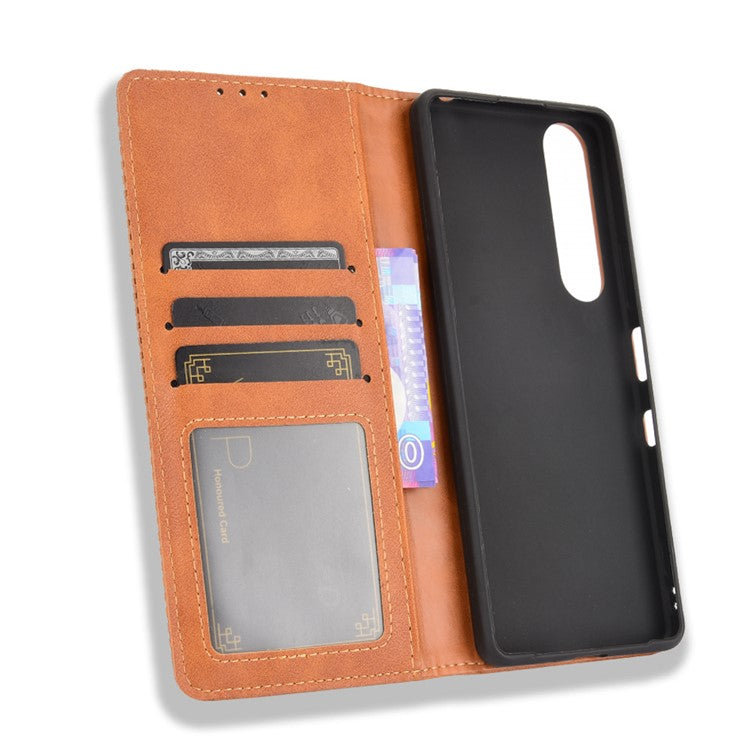 Vintage Style Magnetic Closure Leather Cell Phone Cover with Stand for Sony Xperia 1 III 5G - Brown