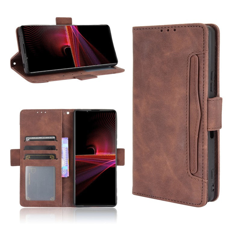 Multiple Card Slots Wallet Stand Leather Phone Case for Sony Xperia 1 III 5G - Brown
