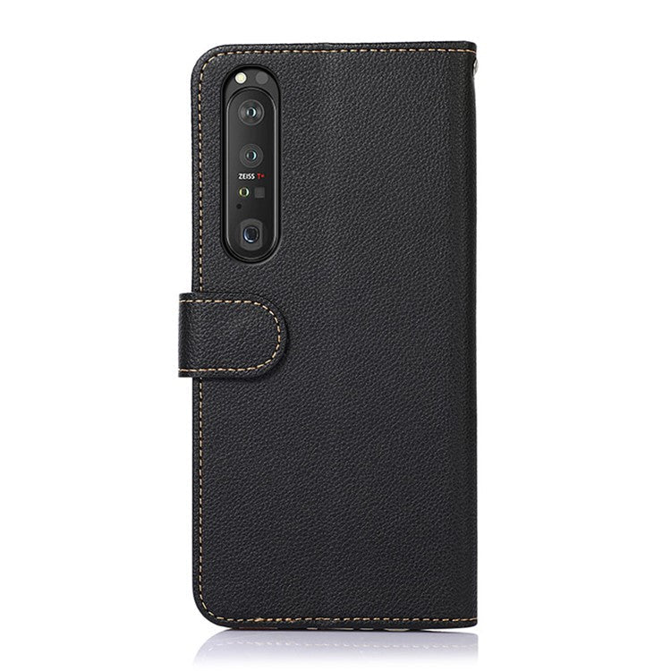 KHAZNEH Litchi Skin Surface with Anti-theft Swiping Function Leather Case Cover for Sony Xperia 1 III 5G - Black
