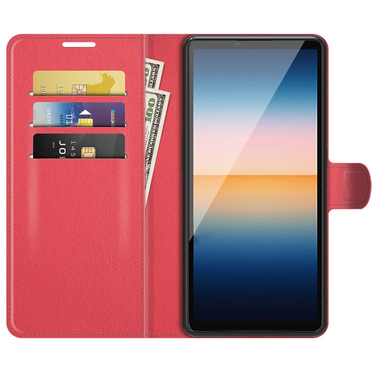 Litchi Skin Wallet Stand Leather Protection Case for Sony Xperia 10 III 5G / Xperia 10 III Lite - Red