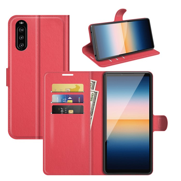 Litchi Skin Wallet Stand Leather Protection Case for Sony Xperia 10 III 5G / Xperia 10 III Lite - Red