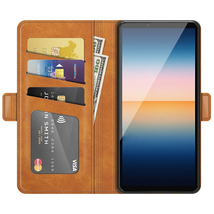 Magnetic Double Clasp PU Leather Wallet Stand Case Shell for Sony Xperia 10 III 5G / Xperia 10 III Lite - Brown