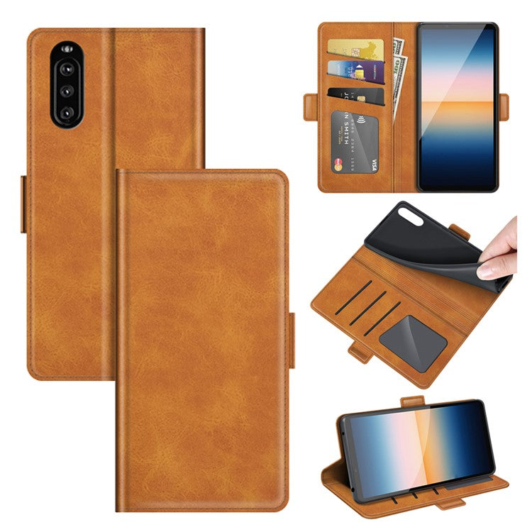 Magnetic Double Clasp PU Leather Wallet Stand Case Shell for Sony Xperia 10 III 5G / Xperia 10 III Lite - Brown