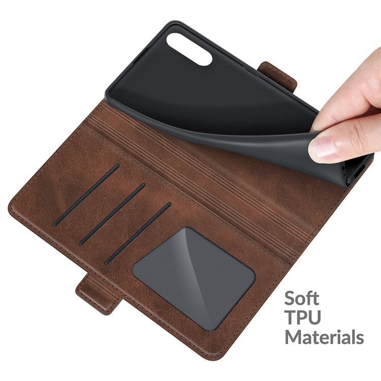Magnetic Double Clasp PU Leather Wallet Stand Case Shell for Sony Xperia 10 III 5G / Xperia 10 III Lite - Coffee