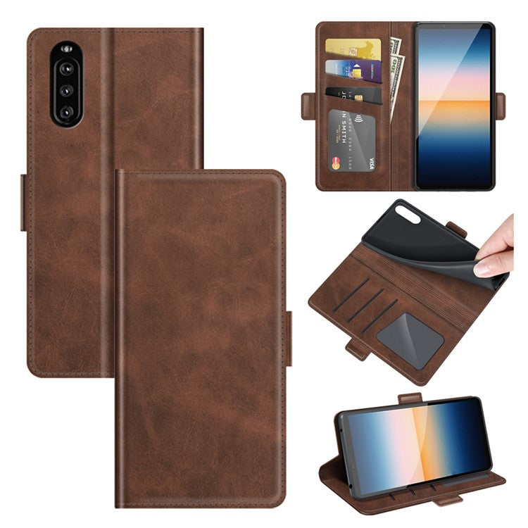 Magnetic Double Clasp PU Leather Wallet Stand Case Shell for Sony Xperia 10 III 5G / Xperia 10 III Lite - Coffee
