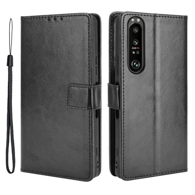 Crazy Horse Skin with Wallet Stand Leather Shell with Strap for Sony Xperia 1 III 5G - Black