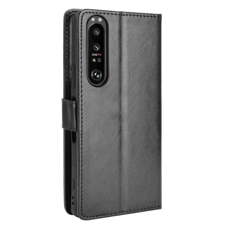 Crazy Horse Skin with Wallet Stand Leather Shell with Strap for Sony Xperia 1 III 5G - Black