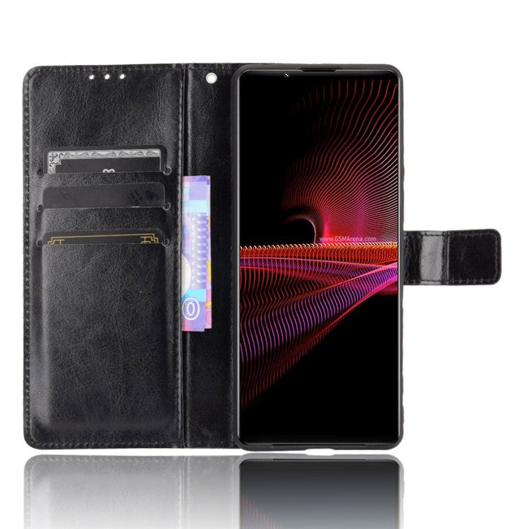 Crazy Horse Skin with Wallet Stand Leather Shell with Strap for Sony Xperia 1 III 5G - Black