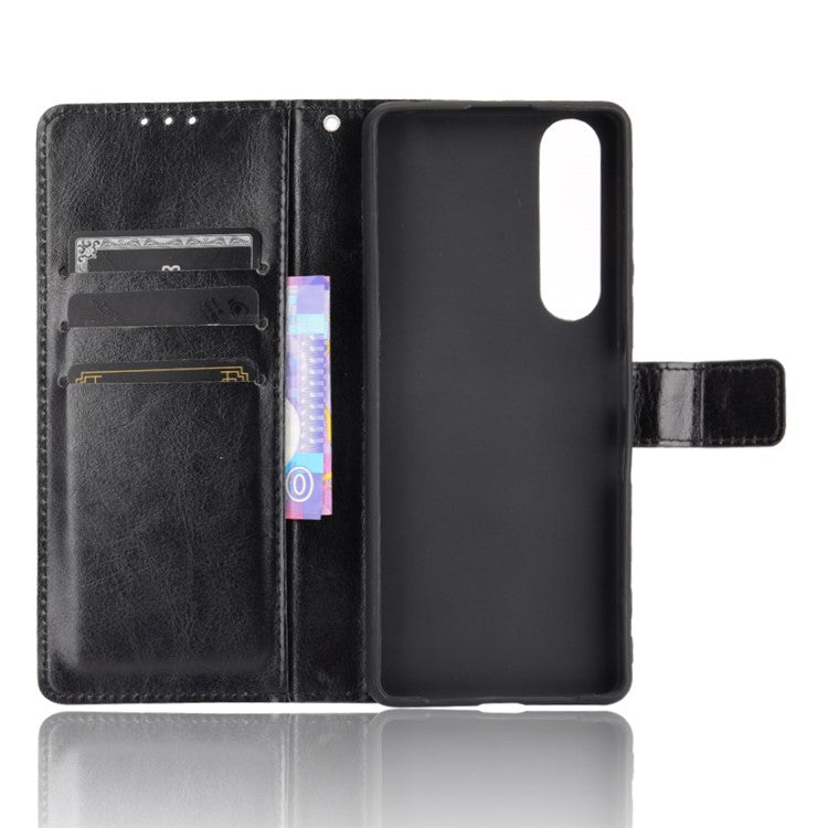 Crazy Horse Skin with Wallet Stand Leather Shell with Strap for Sony Xperia 1 III 5G - Black