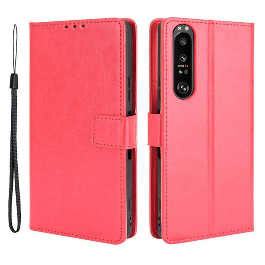 Crazy Horse Skin with Wallet Stand Leather Shell with Strap for Sony Xperia 1 III 5G - Red