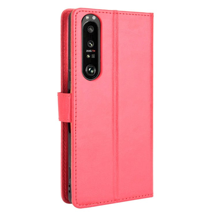 Crazy Horse Skin with Wallet Stand Leather Shell with Strap for Sony Xperia 1 III 5G - Red