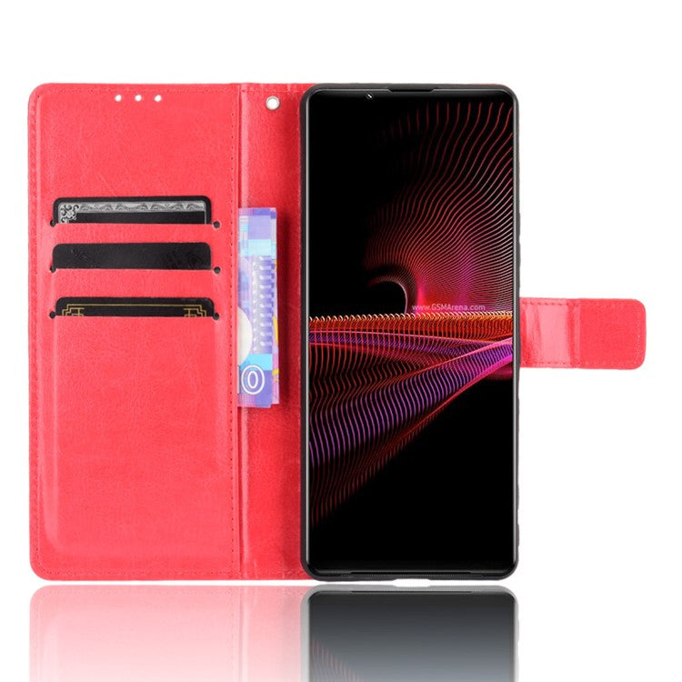 Crazy Horse Skin with Wallet Stand Leather Shell with Strap for Sony Xperia 1 III 5G - Red