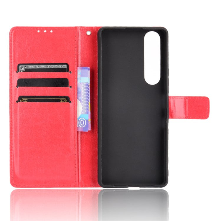 Crazy Horse Skin with Wallet Stand Leather Shell with Strap for Sony Xperia 1 III 5G - Red