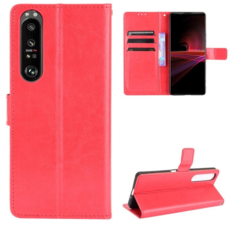 Crazy Horse Skin with Wallet Stand Leather Shell with Strap for Sony Xperia 1 III 5G - Red