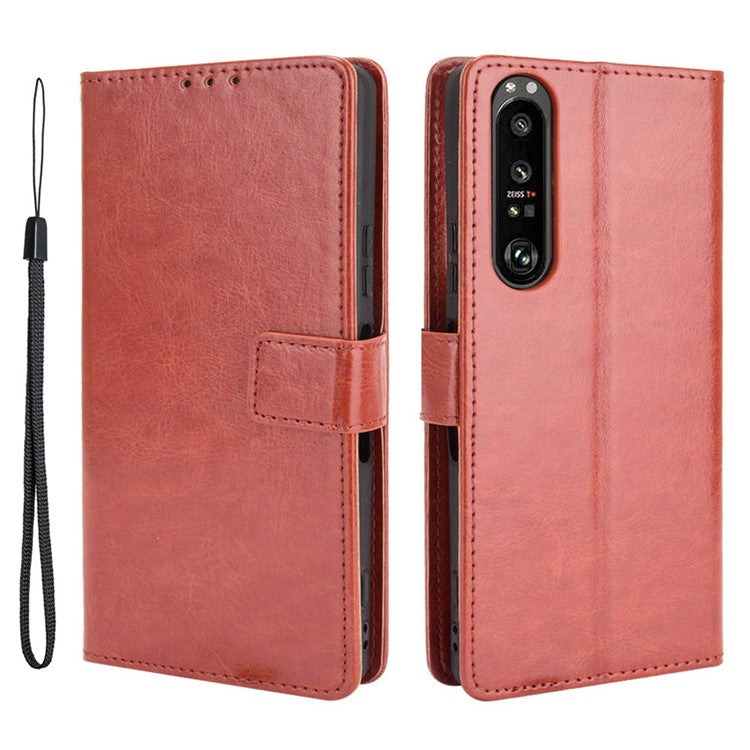 Crazy Horse Skin with Wallet Stand Leather Shell with Strap for Sony Xperia 1 III 5G - Brown