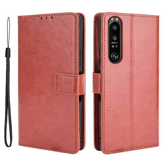 Crazy Horse Skin with Wallet Stand Leather Shell with Strap for Sony Xperia 1 III 5G - Brown