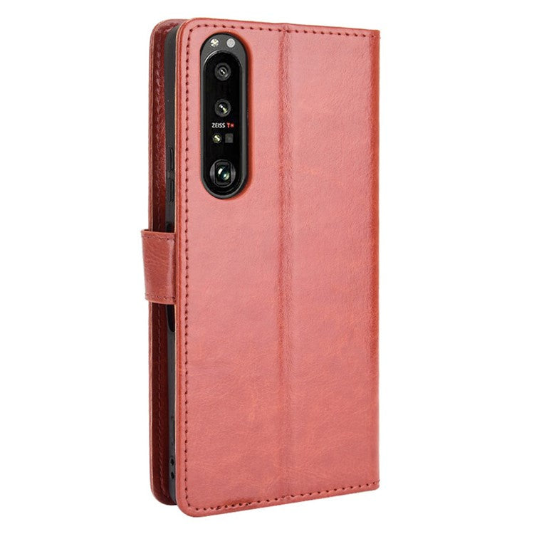 Crazy Horse Skin with Wallet Stand Leather Shell with Strap for Sony Xperia 1 III 5G - Brown