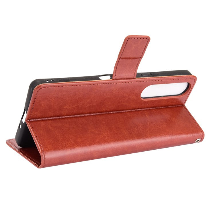 Crazy Horse Skin with Wallet Stand Leather Shell with Strap for Sony Xperia 1 III 5G - Brown